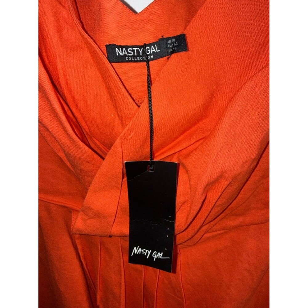 Nasty Gal NWT Linen Puff Sleeve Mini Dress Coral Orange Size 10 Summer Brunch - Picture 10 of 12